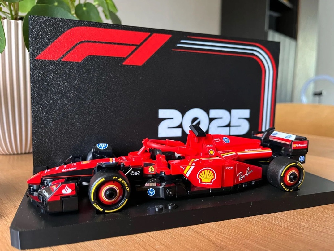 LEGO F1 display stand with branded backboard